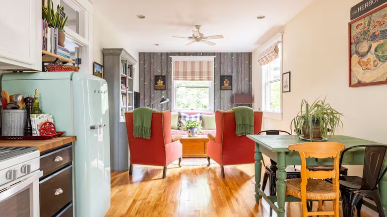 A colorful kitchen at the Charming Boho Farm Carriage House in Phoenix, Arizona