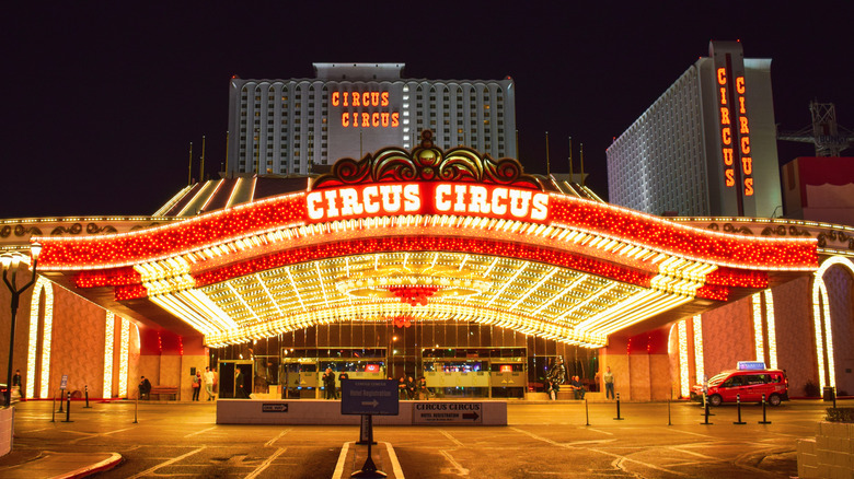 Exterior of the front of the Circus Circus at night