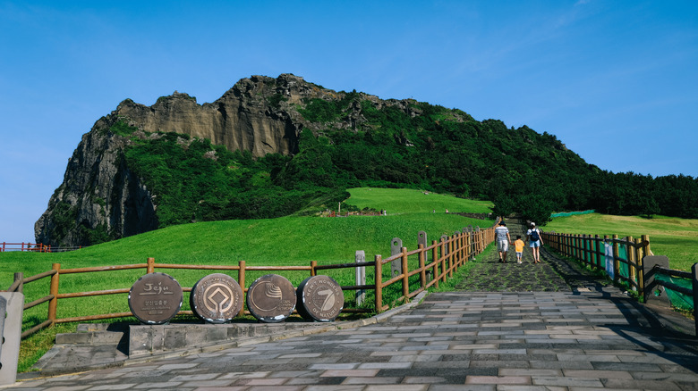 A family walking down a fenced path between a green meadow toward lush clifs in the distance