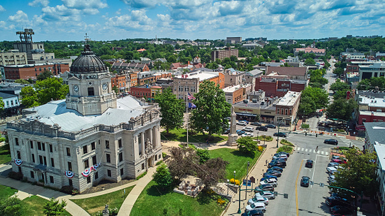 An aerial view of Bloomington Indiana's downtown during summer