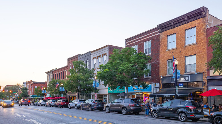A strip of downtown buildings in Valparaiso, Indiana, at sunset