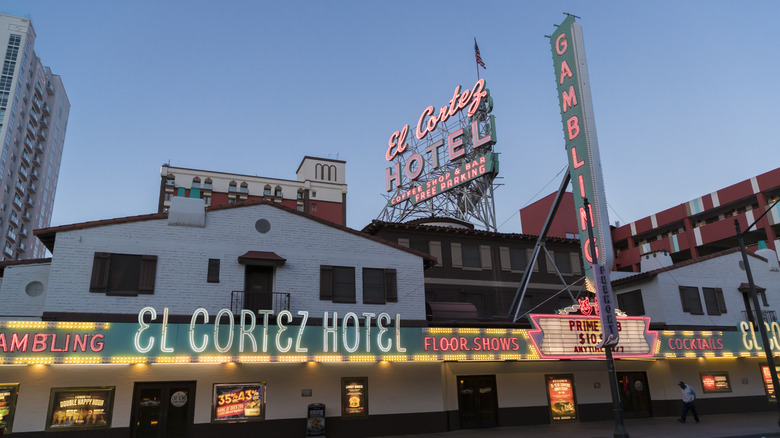 El Cortez Hotel marquee and big sign above with blue sky