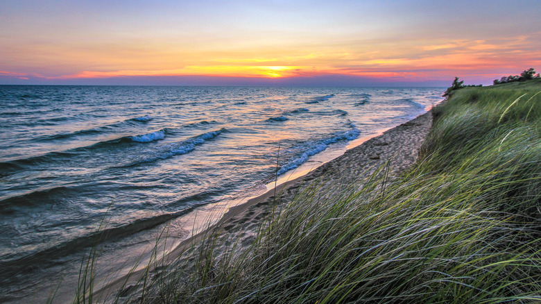Sun sets over grassy coast of Lake Michigan