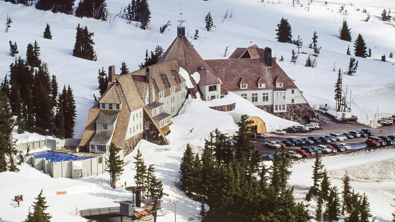 Aerial view of the Timberline Lodge, Oregon in winter
