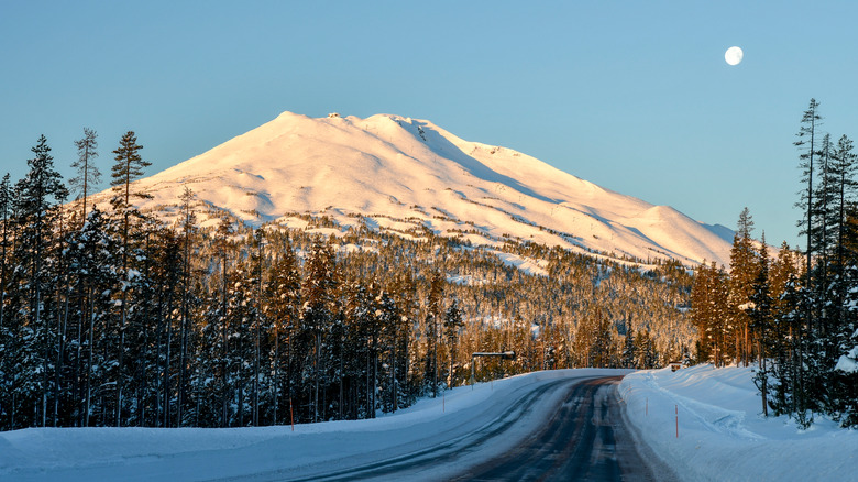 Mount Bachelor with moon seen during winter in Oregon