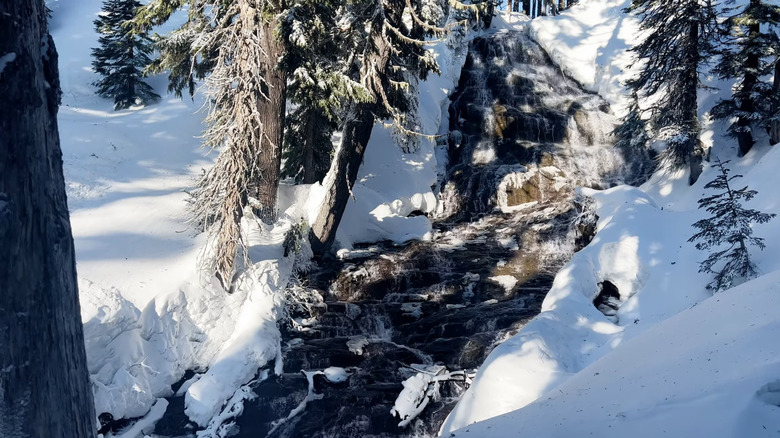 Umbrella Falls in Oregon in winter with snowy banks