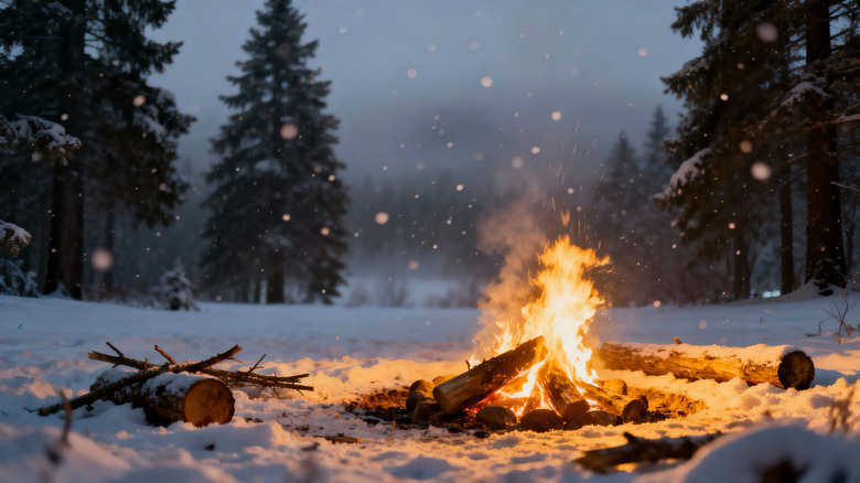 A campfire burning in snowy scene