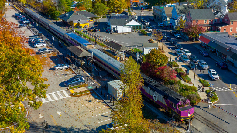 Aerial view of a commuter rail train in Concord, Massachusetts
