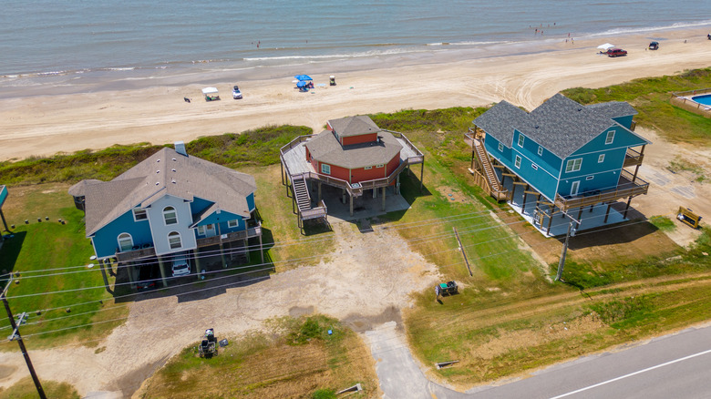 A row of colorful beach houses situated on the Gulf of Mexico on the Bolivar Peninsula