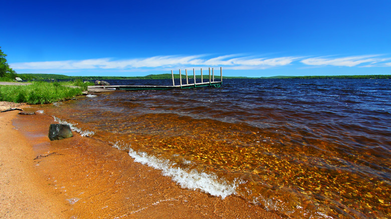 Scenic shoreline and pier at Lake Gogebic in the Ottawa National Forest of Michigan's Upper Peninsula