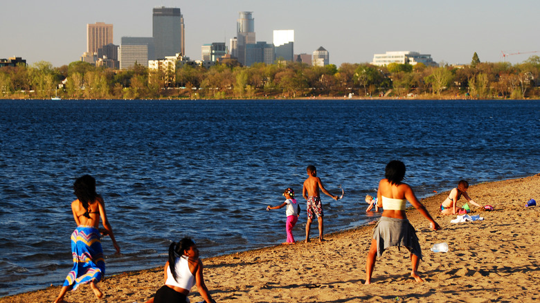 People enjoying the beach in Minneapolis, Minnesota