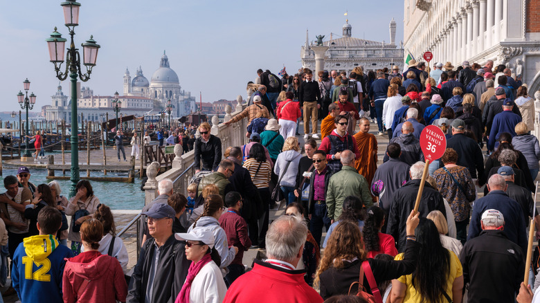 A crowd in Venice near the Doge's Palace with a dense flow of tourists illustrating the impact of overtourism