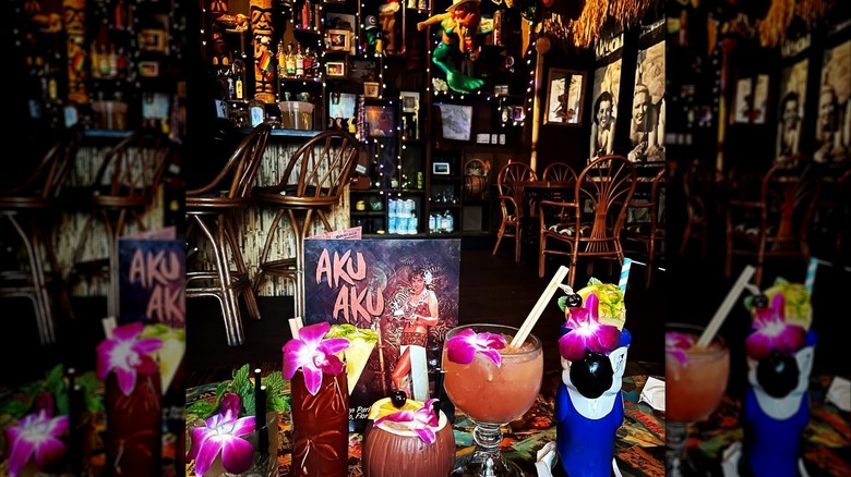 Five colorful cocktails at Aky Aky Tiki Bar, Orlando, Florida
