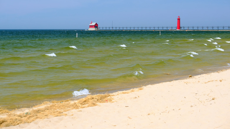 Red lighthouses on the pier in Grand Haven, Michigan