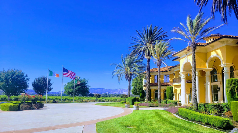 Yellow and white exterior of Bally Keal Estate with palm trees, US flag and Ireland flag