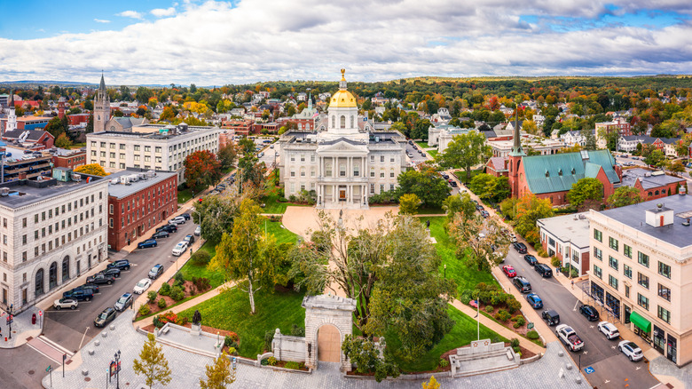 Aerial look at charming downtown Concord and State House