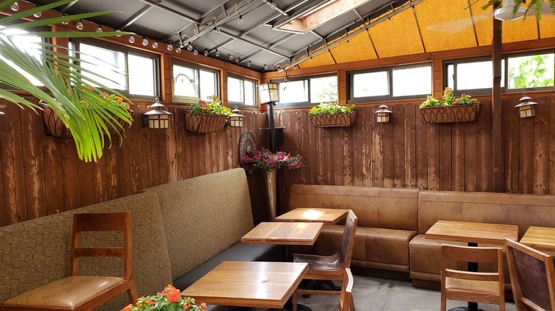 Seating in an enclosed patio at Hart Bar in Brooklyn