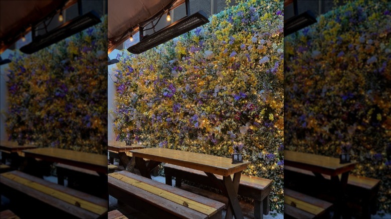 Communal tables on the patio at Loreley Beer Garden in NYC