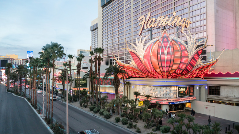 The iconic pink facade and glittery signage of the Flamingo casino with palm trees in front
