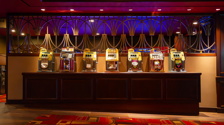 Vintage slot machines lined up in the Golden Gate casino