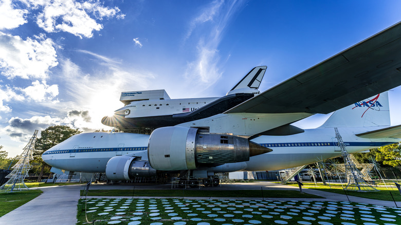 A NASA shuttle piggybacks on a carrier aircraft in Houston, Texas