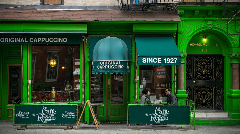 Green exterior of Caffe Reggio in NYC