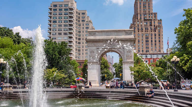 Fountain and arch of Washington Square Park, NYC on a sunny day