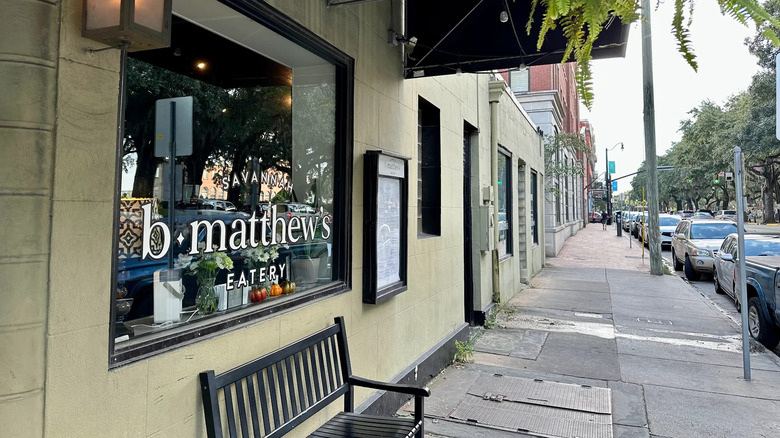 Exterior of B. Matthew's Eatery with bench