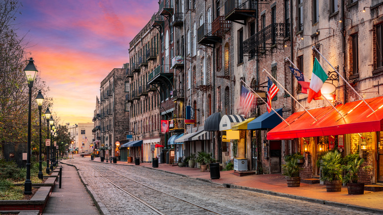 Historic buildings on River Street, Savannah, at dawn