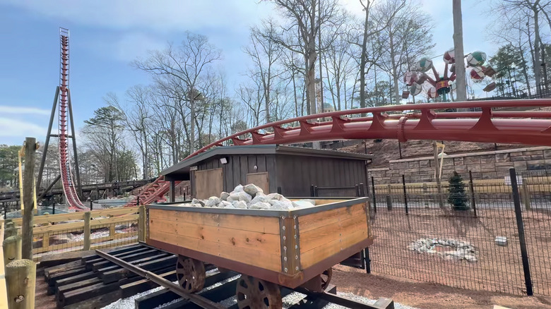 Ground view of the Georgia Gold Rusher roller coaster in Six Flags Over Georgia
