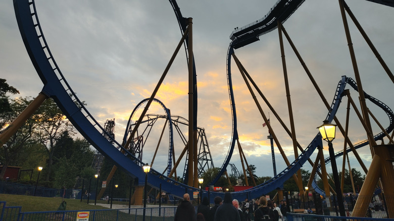 Sunset over a roller coaster at Six Flags Great America in Illinois