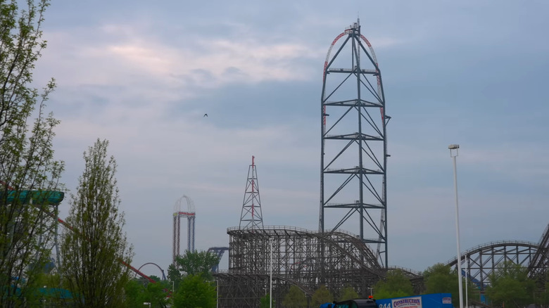 Tall drop of Top Thrill 2 coaster seen from afar in Cedar Point, Ohio