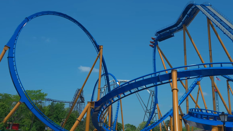 Ground view of the Wrath of Rakshasa roller coaster in Six Flags, Illinois