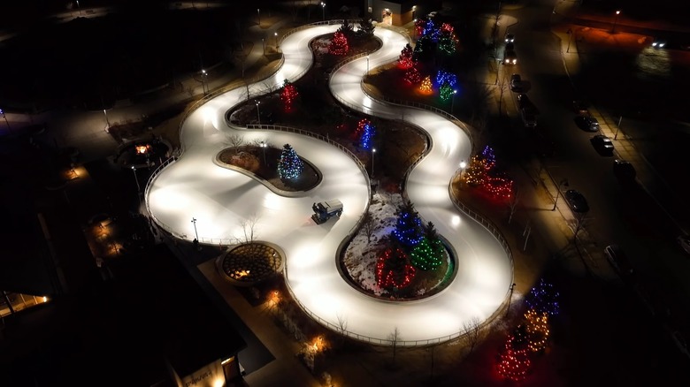 Aerial view of Central Park ice skate loop in Maple Grove