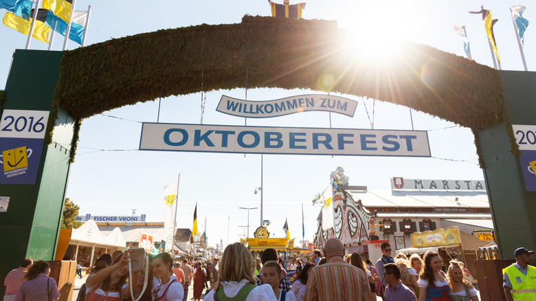 Welcome sign at the entrance gate at Oktoberfest in Munich, Germany