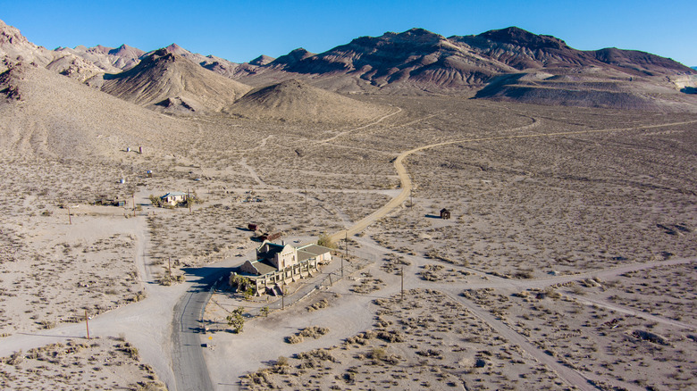 Aerial view of abandoned buildings in Rhyolite, Nevada