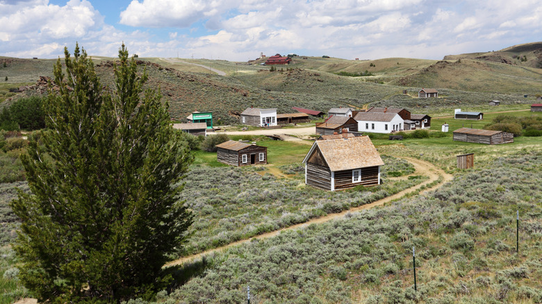View of old homes and the landscape of South Pass City in Wyoming