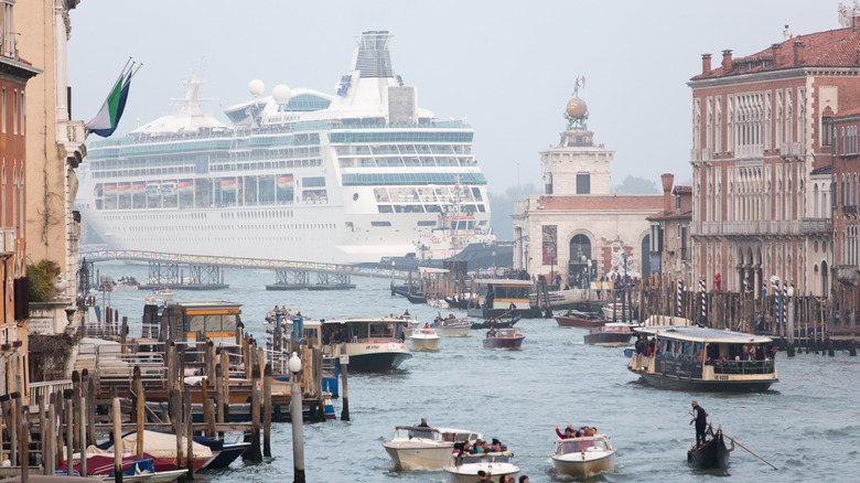Big cruise ship anchoring next to the Grand Canal, Venice