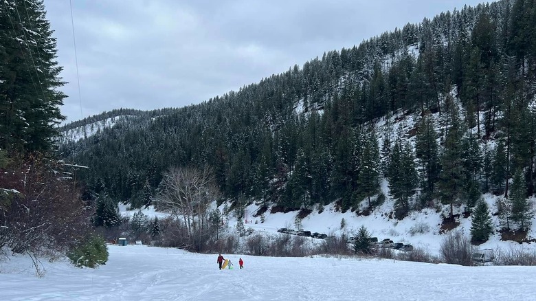 An adult and two children sledding at Marshall Mountain, Montana