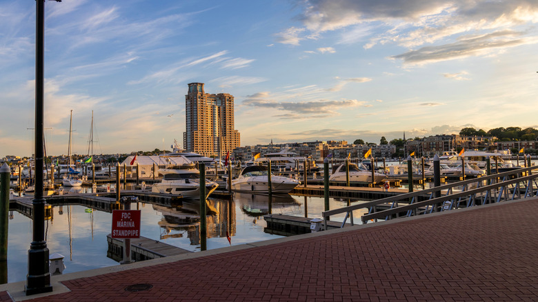 The Harbor East Marina along the Baltimore Riverfront at sunset