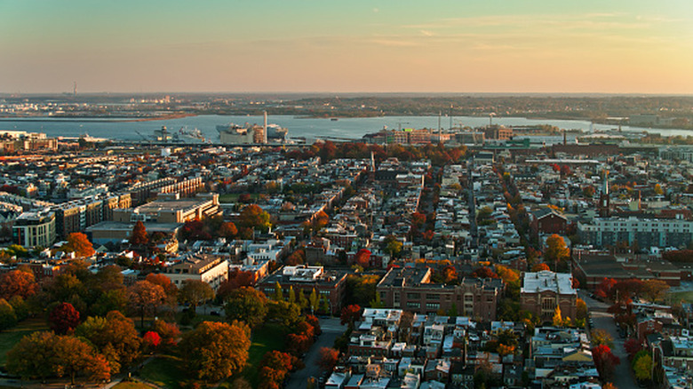 An aerial view of Baltimore at sunset