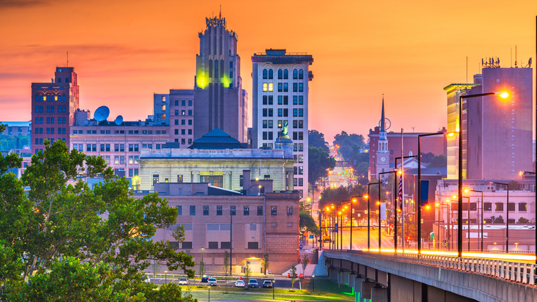 Youngstown, Ohio's downtown skyline at twilight