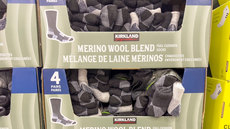 Boxes of Kirkland Signature brand Merino Wool socks