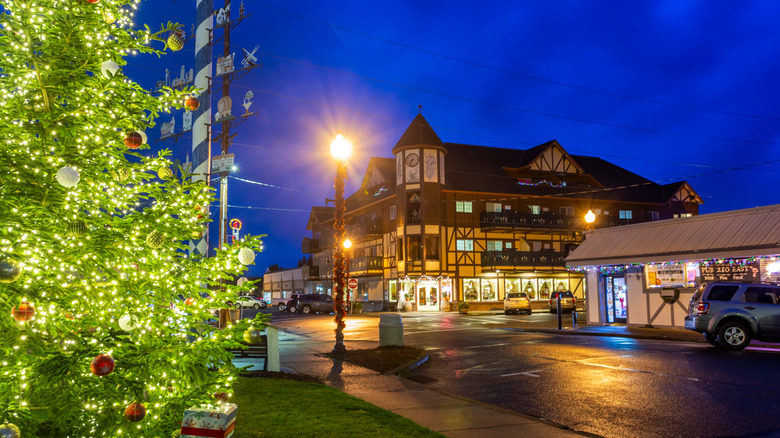 The center of Mt. Angel, Oregon, all lit up at night