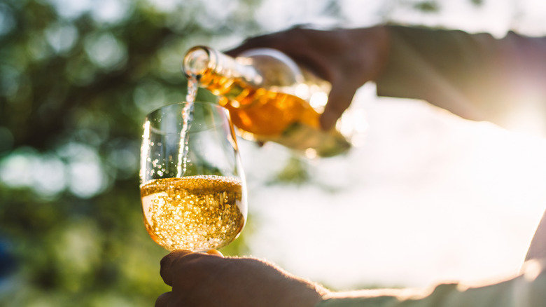 A person pouring wine into a glass while outside