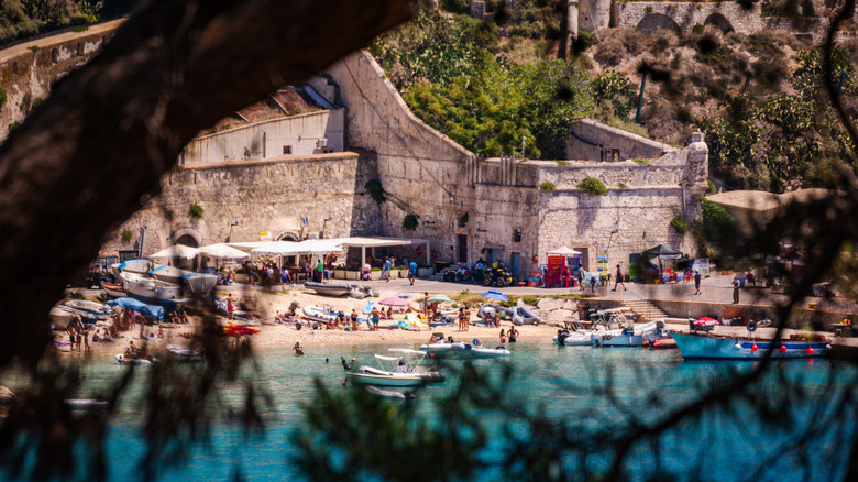 A beach in Isole Tremiti, Italy, with tourists and parasols