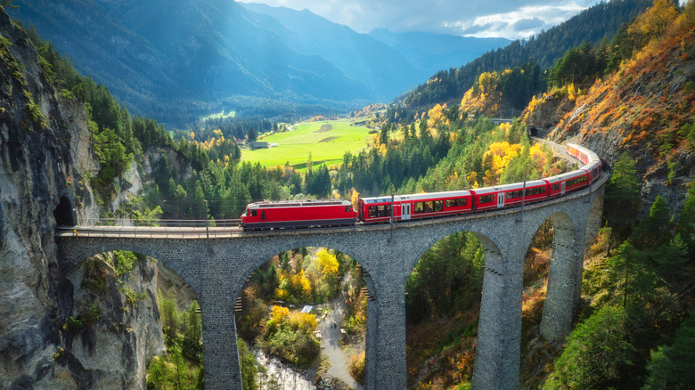 Aerial view of the Bernina Express in the fall