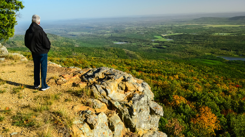 A person standing on a bluff and looking out at scenery at Mount Magazine State Park