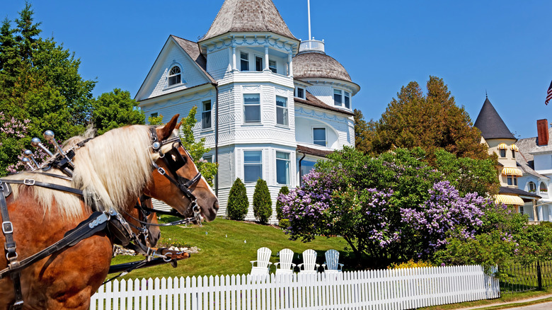 A horse carriage passing historic architecture on Mackinac Island, Michigan