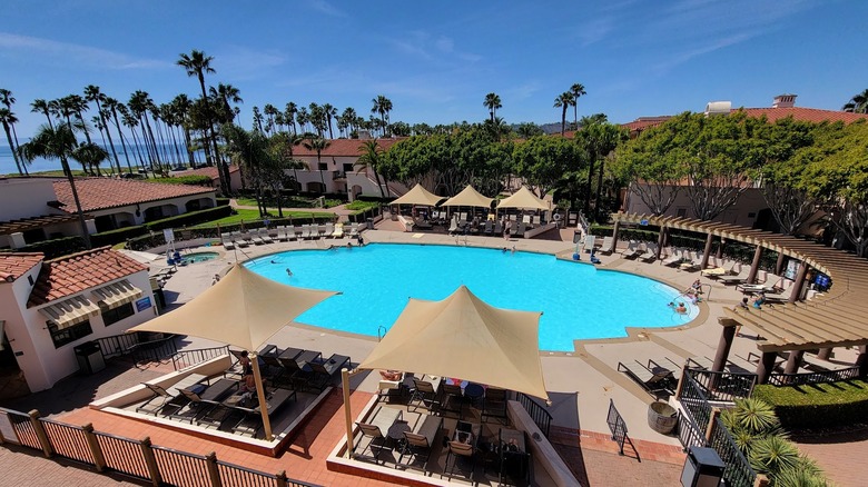 Hilton Santa Barbara pool surrounded by palm trees and blue sky with sea behind